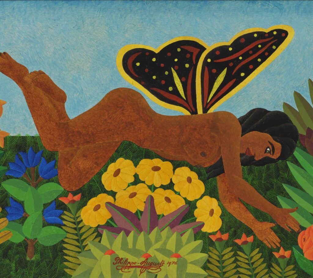 Painted image of a woman with butterfly wings floating above a tropical forest.